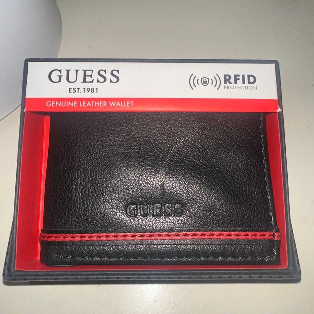 Guess Black Leather Card Holder with Red Accent